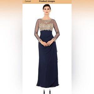 Xscape Navy and Gold Long Sleeve Gown